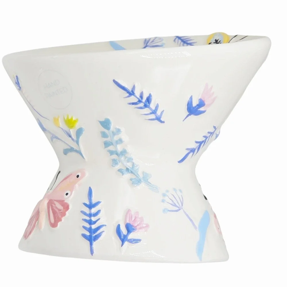 Mellow & Mod Raised Ceramic Cat Food Water Bowl‎ Butterfly Embossed Hand Painted